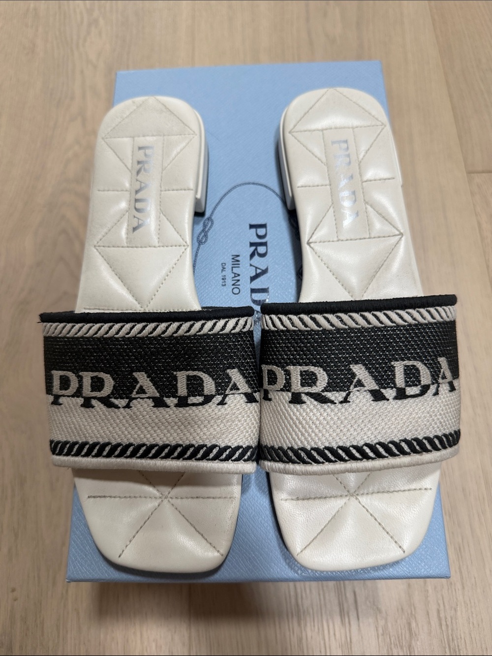 Prada Black & Cream Logo Slide Sandals